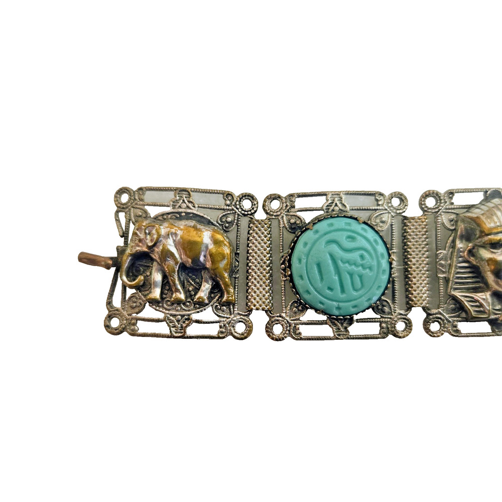 Vintage Egyptian Revival Panel Bracelet Silver Tone Scarabs Pharoah Elephants - Picture 12 of 13